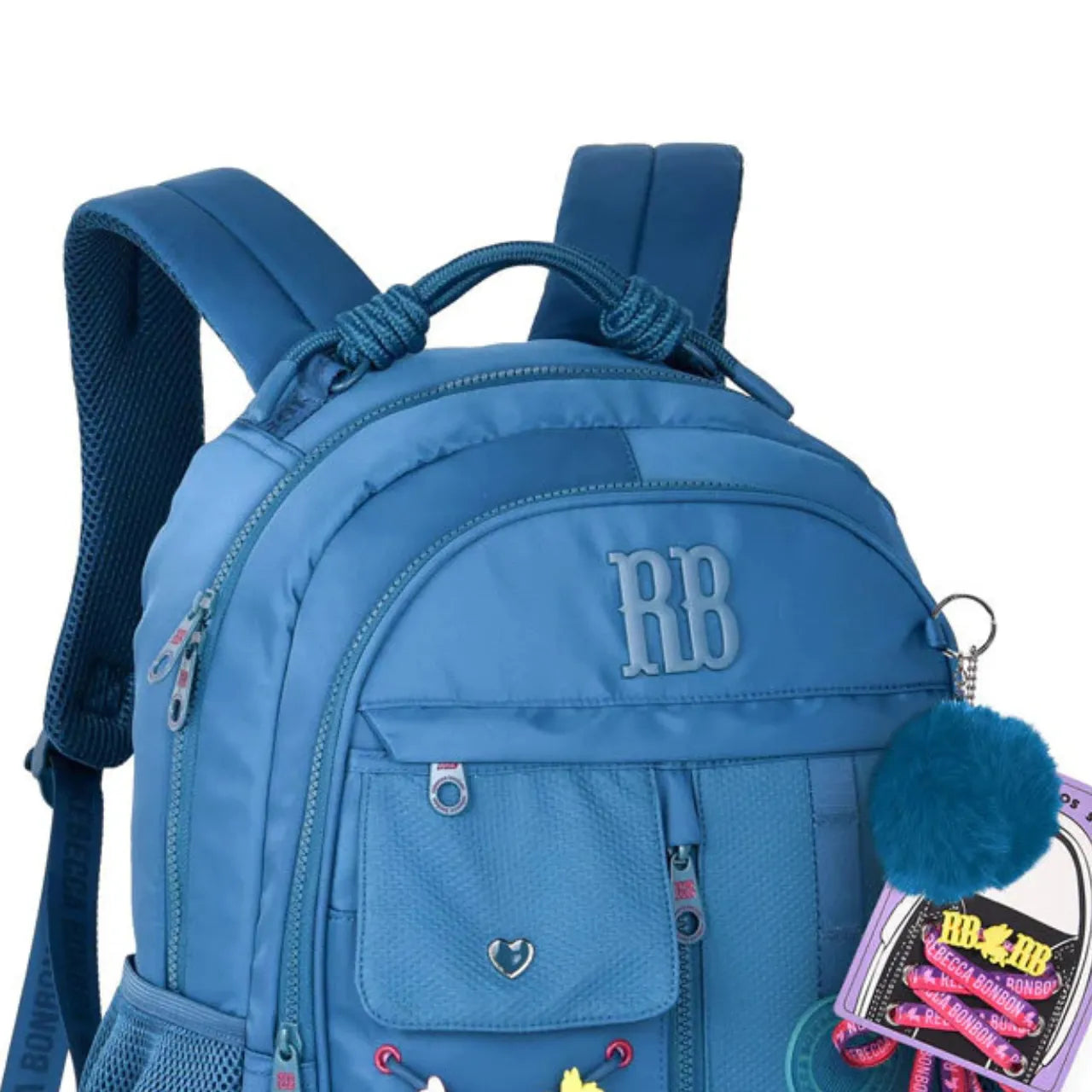 Mochila de Costa Rebecca Bonbon Azul com Cardaços e Bolso Frontal