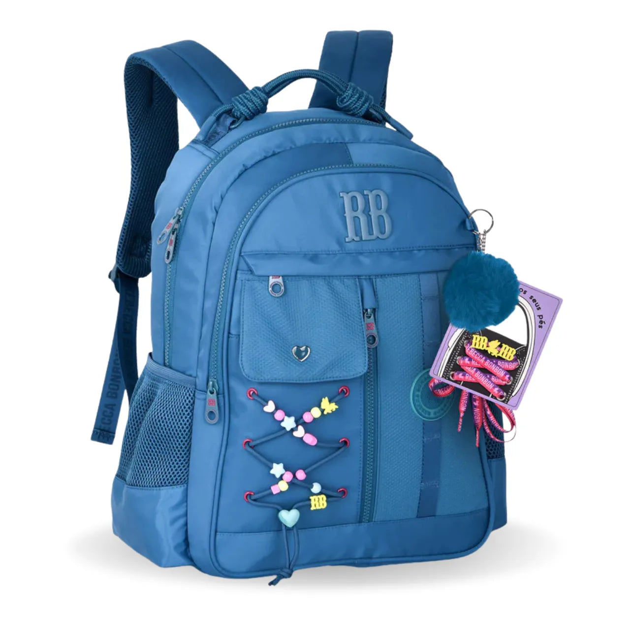Mochila de Costa Rebecca Bonbon Azul com Cardaços e Bolso Frontal