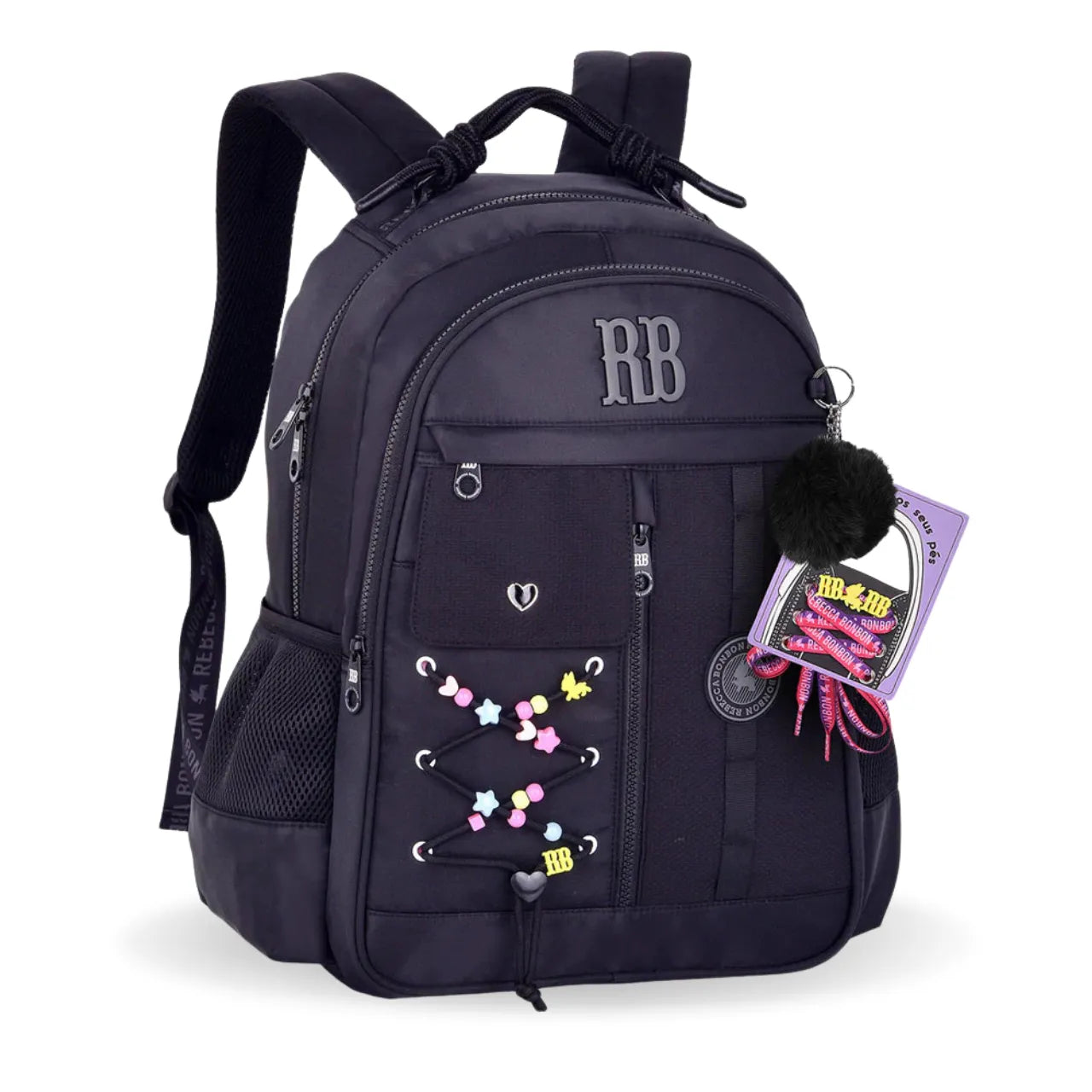 Mochila de Costa Rebecca Bonbon Preta com Cardaços e Bolso Frontal