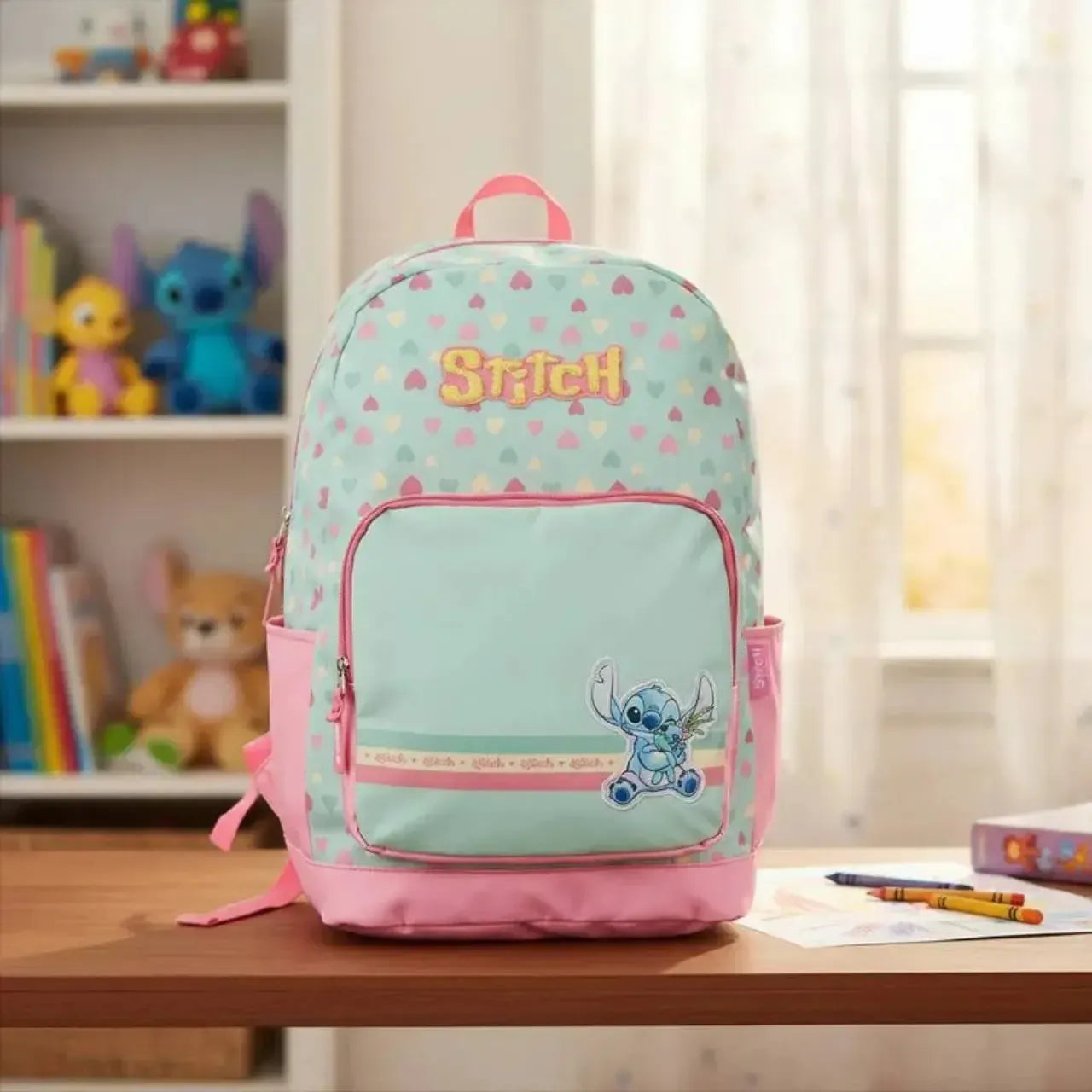 Mochila de Costa Stitch Verde e Rosa com Bolso Frontal
