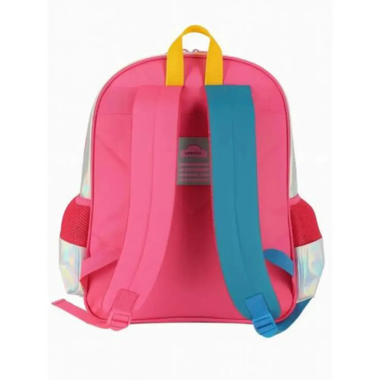 Mochila de Costas Arco Íris Holográfica Prata e Rosa com Bolso Frontal