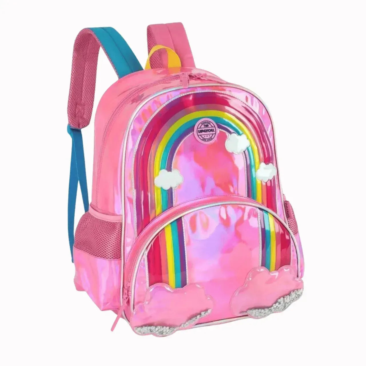 Mochila de Costas Arco Íris Rosa Holográfico com Alça Refoçada