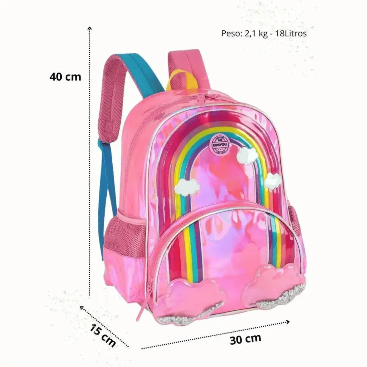 Mochila de Costas Arco Íris Rosa Holográfico com Alça Refoçada