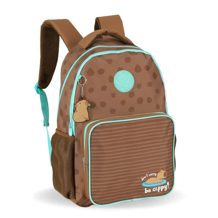 Mochila de Costas Capivara Marrom e Verde Alça Reforçada e Bolso Frontal