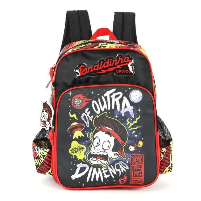 Mochila de Costas Enaldinho Preta e Vermelha Escolar com Bolso Frontal