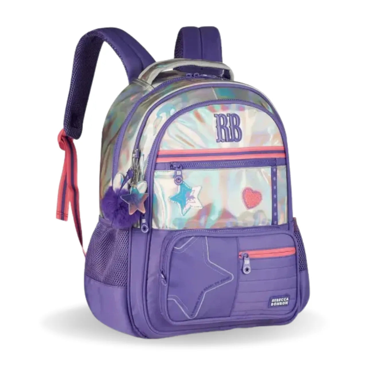 Mochila de Costas Rebecca Bombom Lilas Holográfica Floral com Bolso Frontal