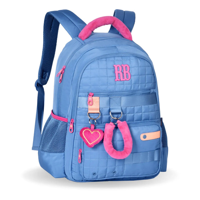 Mochila de Costas Rebecca Bonbon Azul de Pelúcia com Bolso Frontal