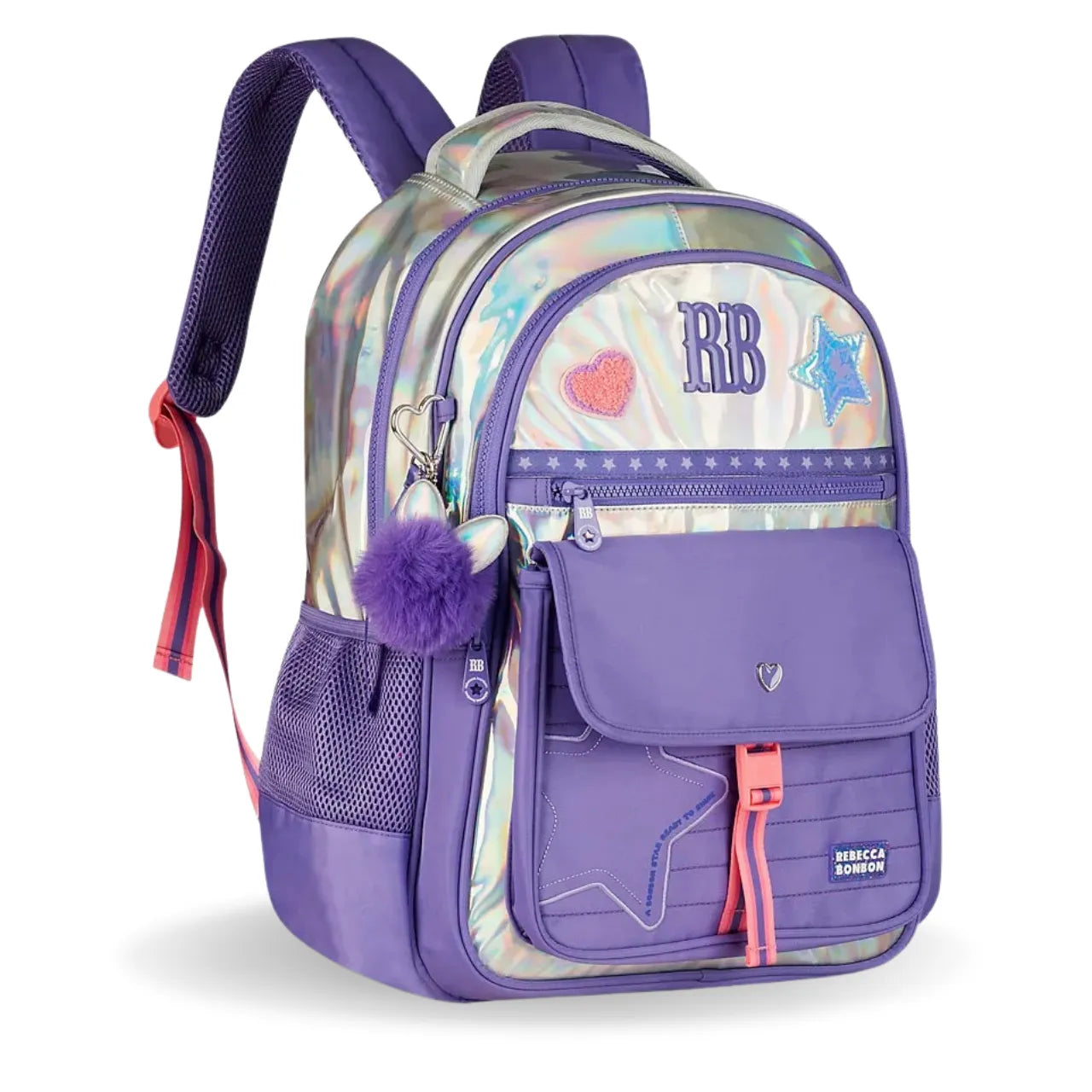 Mochila de Costas Rebecca Bonbon Lilás Holográfica com Bolso Frontal