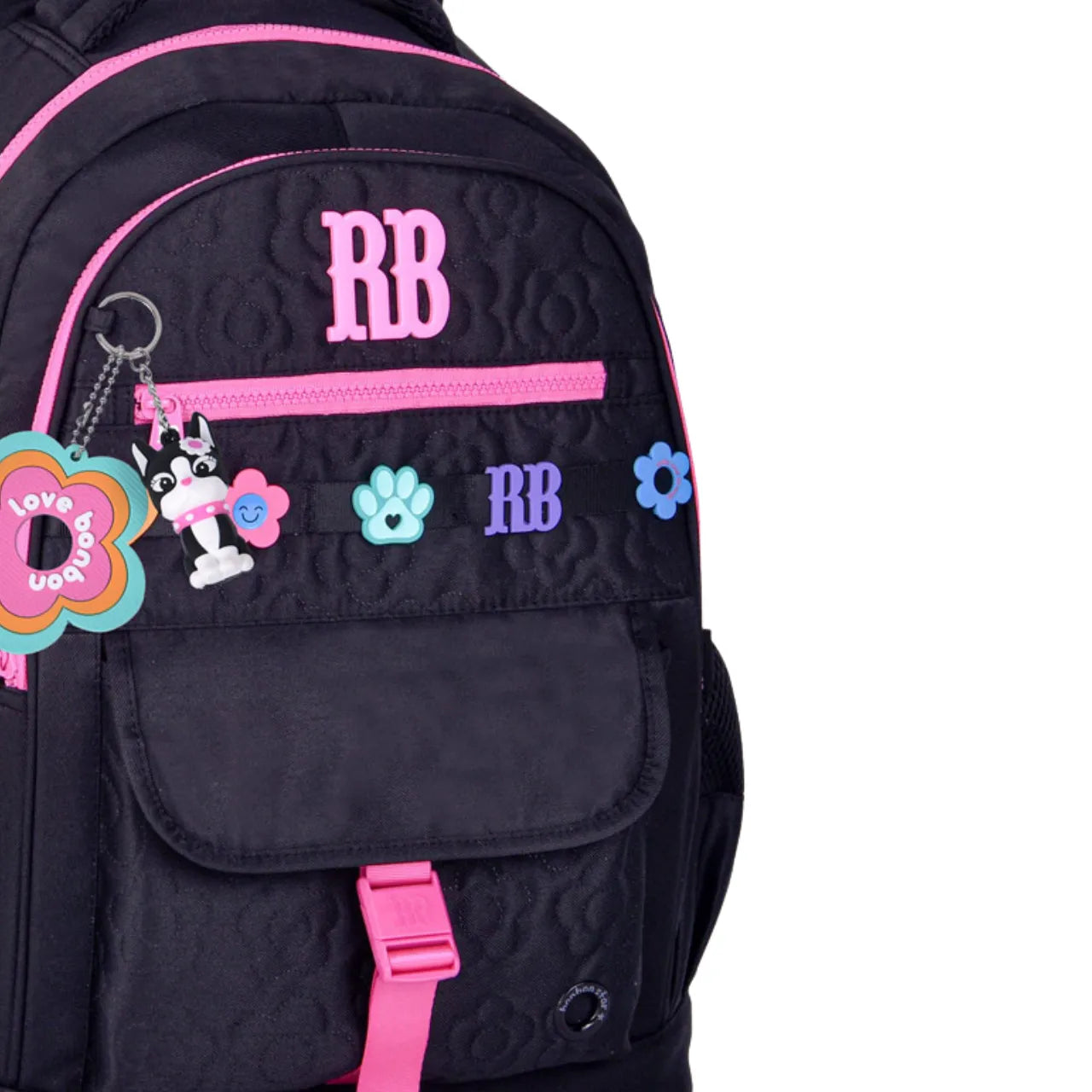 Mochila de Costas Rebecca Bonbon Preta Floral com Bolso Frontal