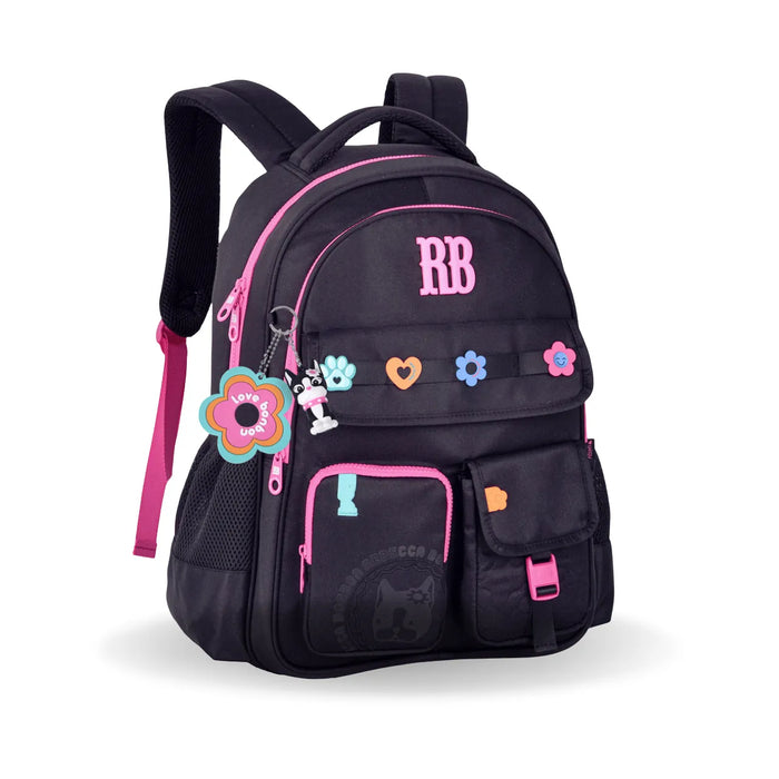 Mochila de Costas Rebecca Bonbon Preta Floral com Bolsos Frontais
