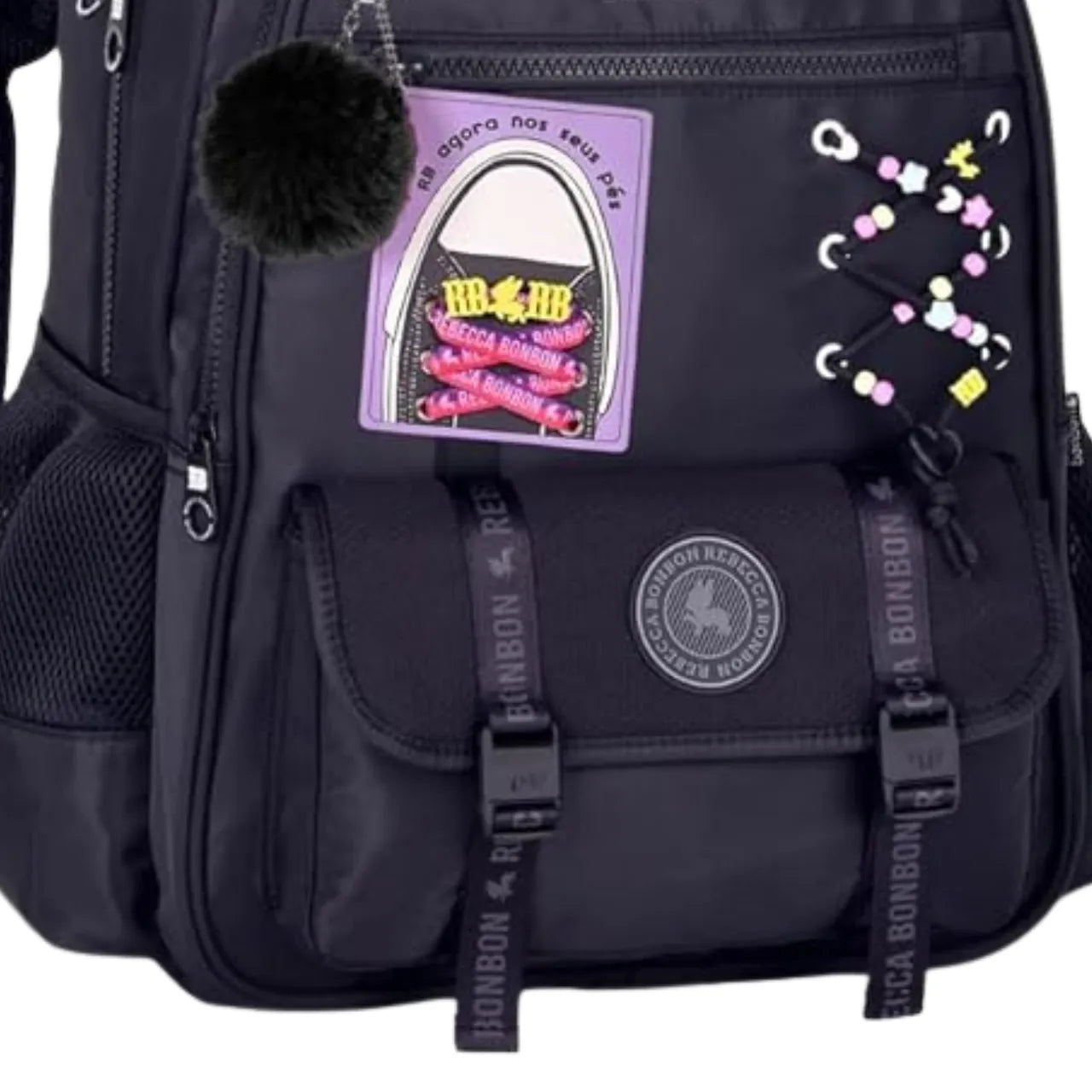 Mochila de Costas Rebecca Bonbon Preta com Cadarços e Bolso Frontal
