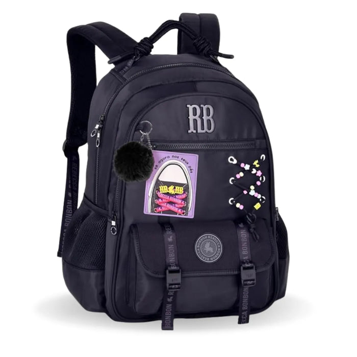 Mochila de Costas Rebecca Bonbon Preta com Cadarços e Bolso Frontal