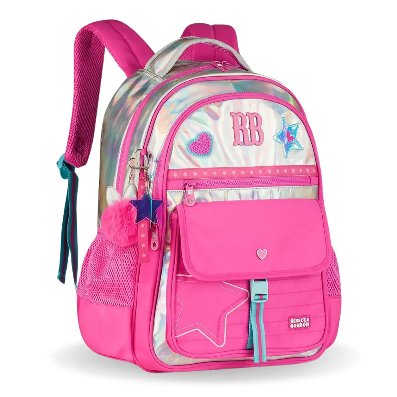 Mochila de Costas Rebecca Bonbon Rosa Holográfica com Bolso Frontal