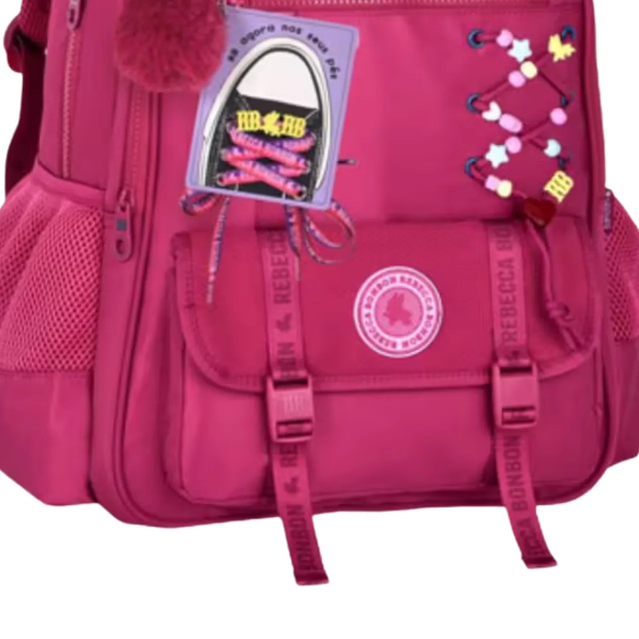 Mochila de Costas Rebecca Bonbon Rosa com Cadarços com Bolso Frontal