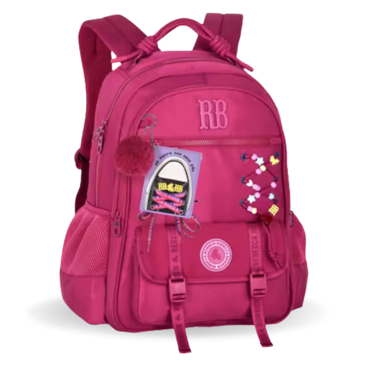 Mochila de Costas Rebecca Bonbon Rosa com Cadarços com Bolso Frontal