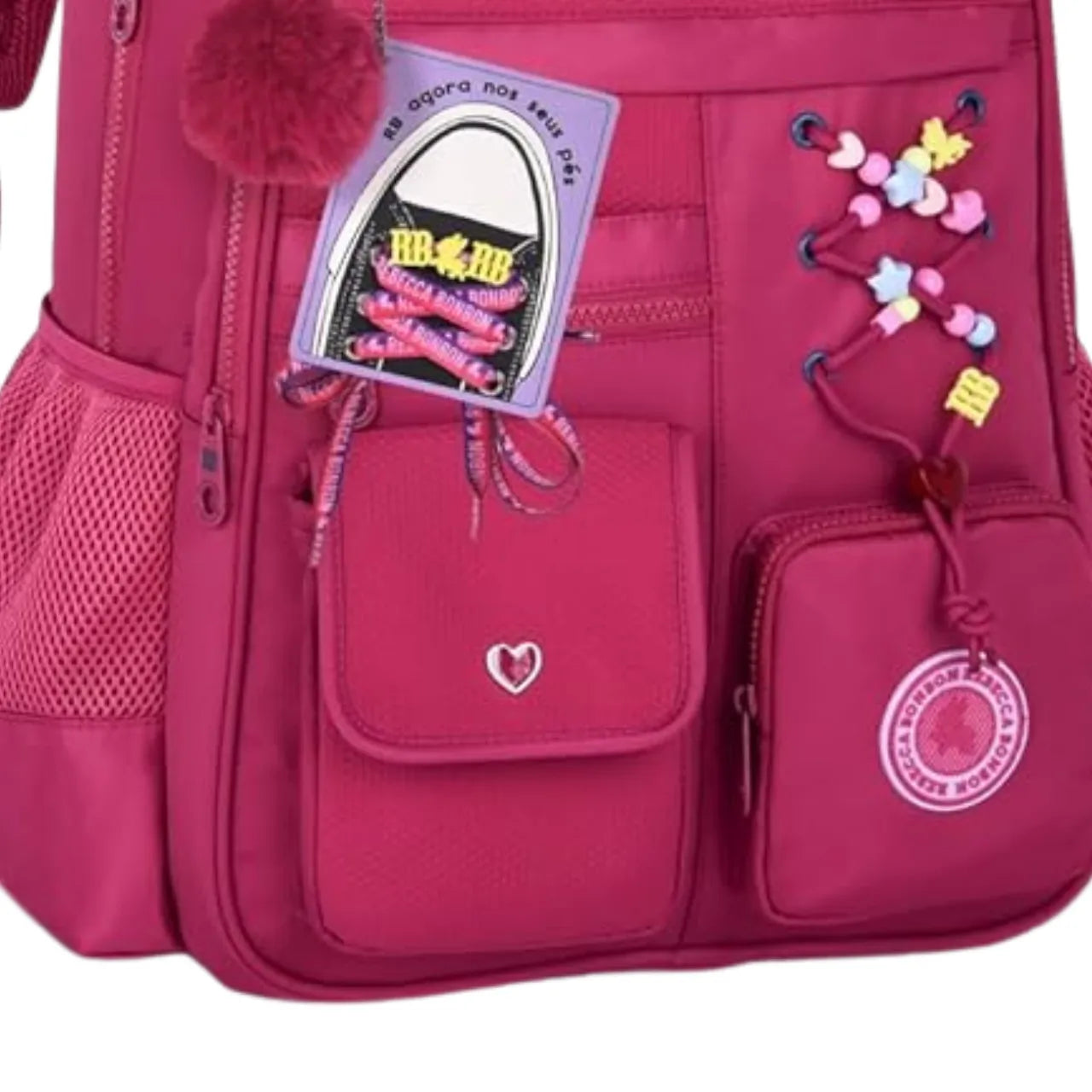 Mochila de Costas Rebecca Bonbon Rosa com Cadarços e Bolso Frontal