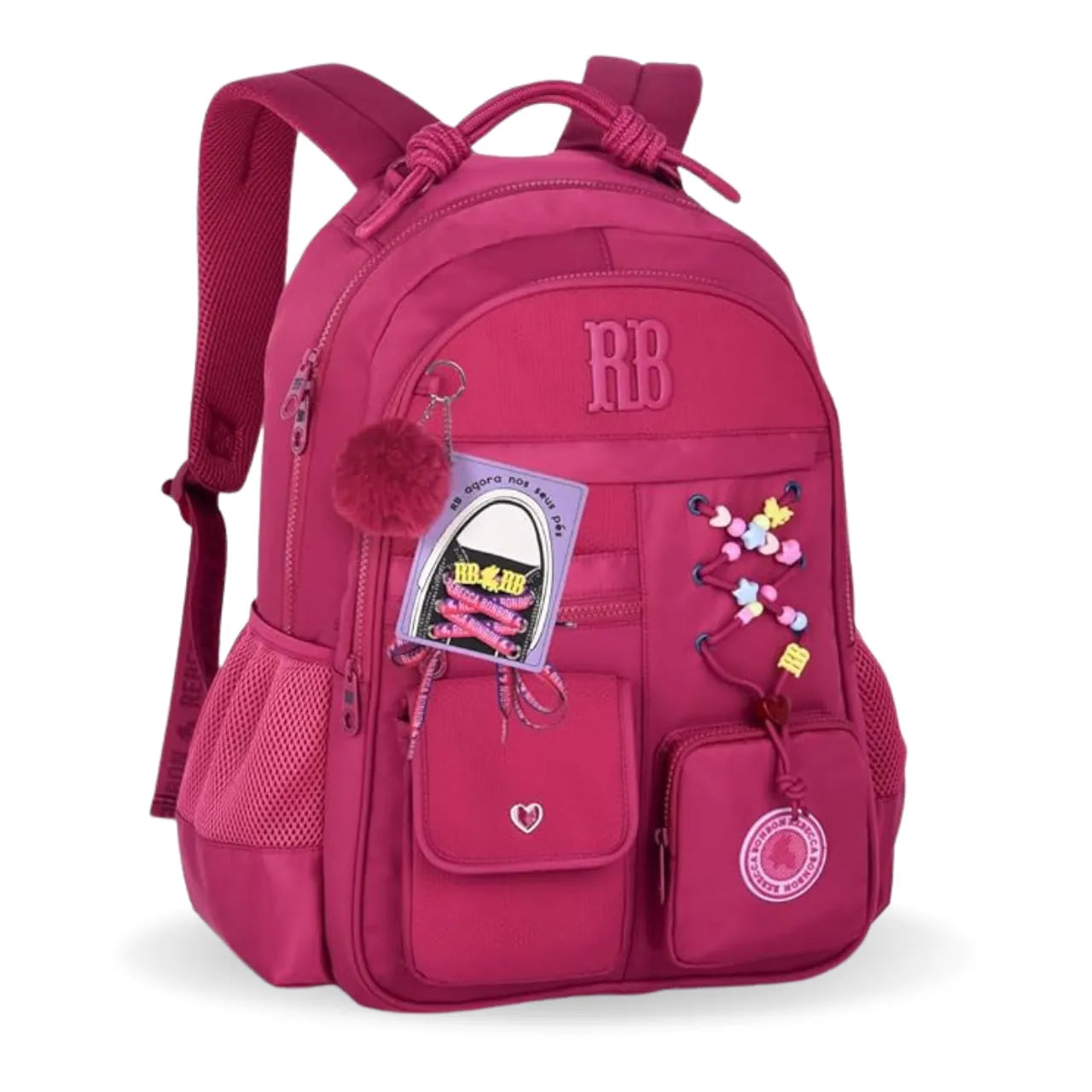Mochila de Costas Rebecca Bonbon Rosa com Cadarços e Bolso Frontal