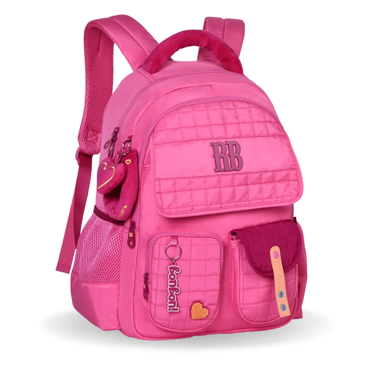 Mochila de Costas Rebecca Bonbon Rosa de Pelúcia com Bolsos Frontais