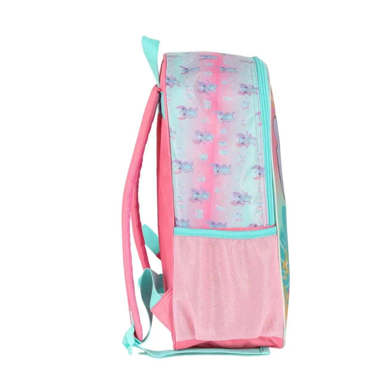 Mochila de Costas Stitch Rosa e Turquesa com 2 ziper e Bolsos para Garrafa
