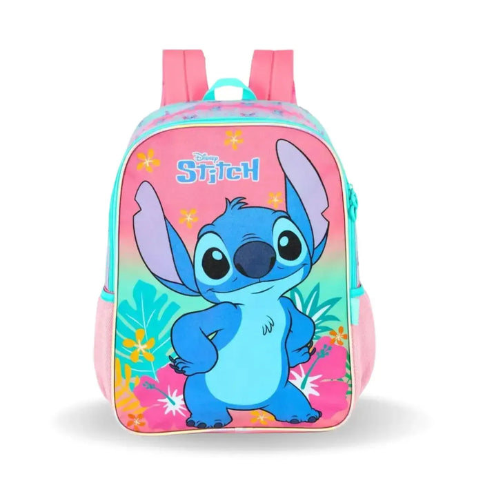 Mochila de Costas Stitch Rosa e Turquesa com 2 ziper e Bolsos para Garrafa