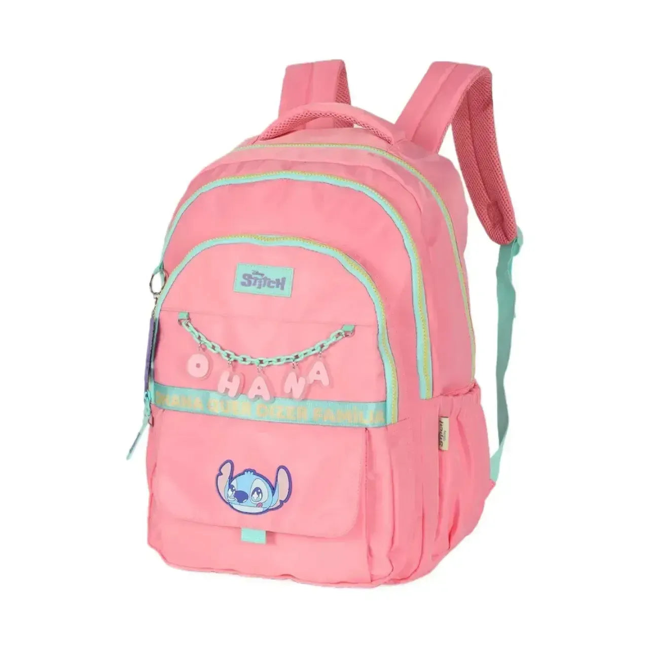 Mochila de Costas Stitch Rosa e Turquesa com Bolso Frontal e Alça Reforçada