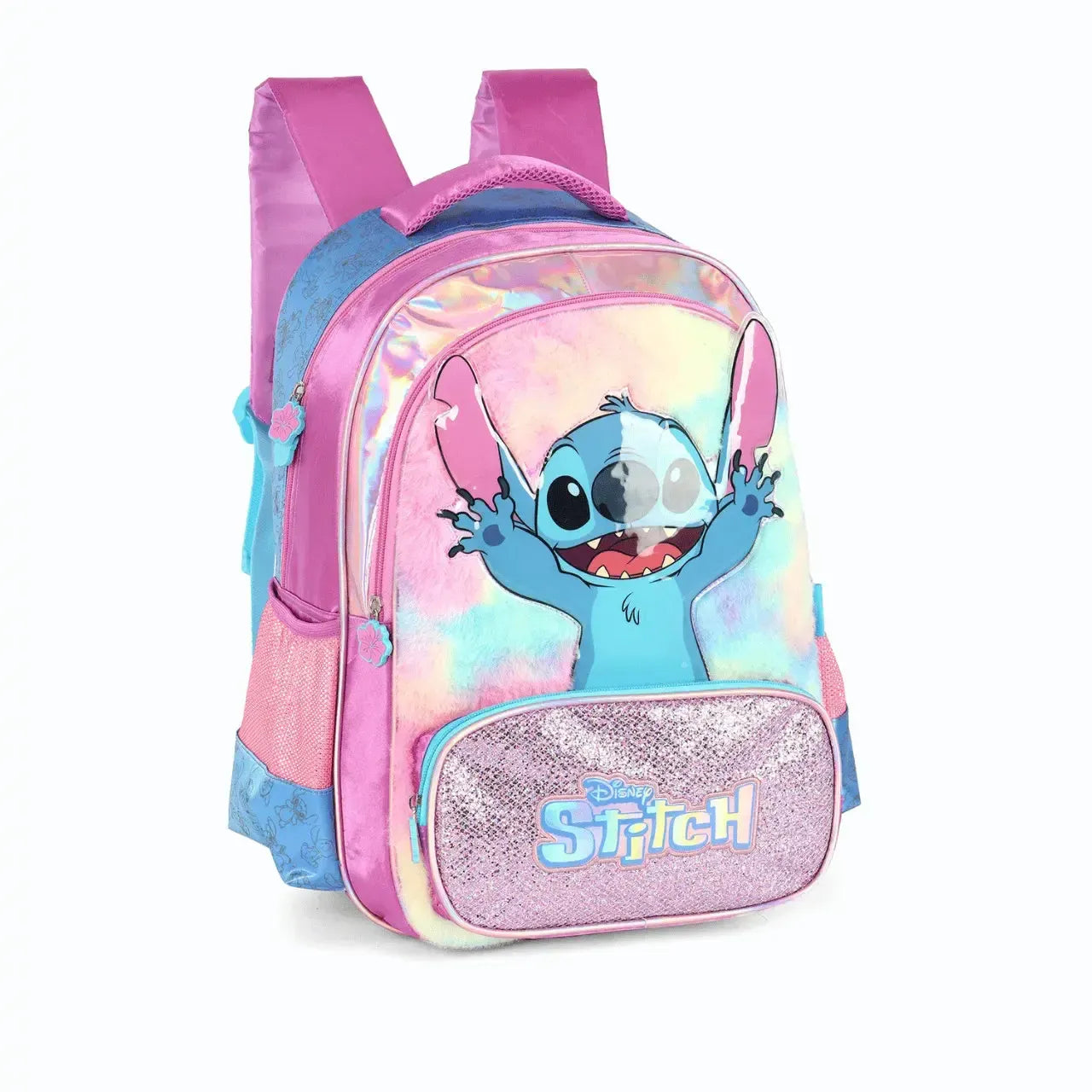 Mochila de Costas Stitch com Pelúcia e Bolso Frontal e Estojo Triplo Holográfico