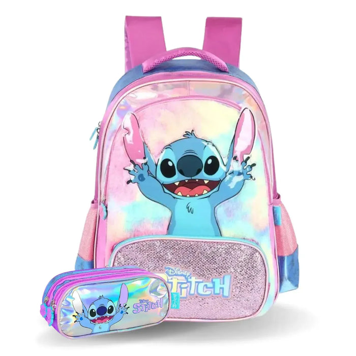 Mochila de Costas Stitch com Pelúcia e Bolso Frontal e Estojo Triplo Holográfico