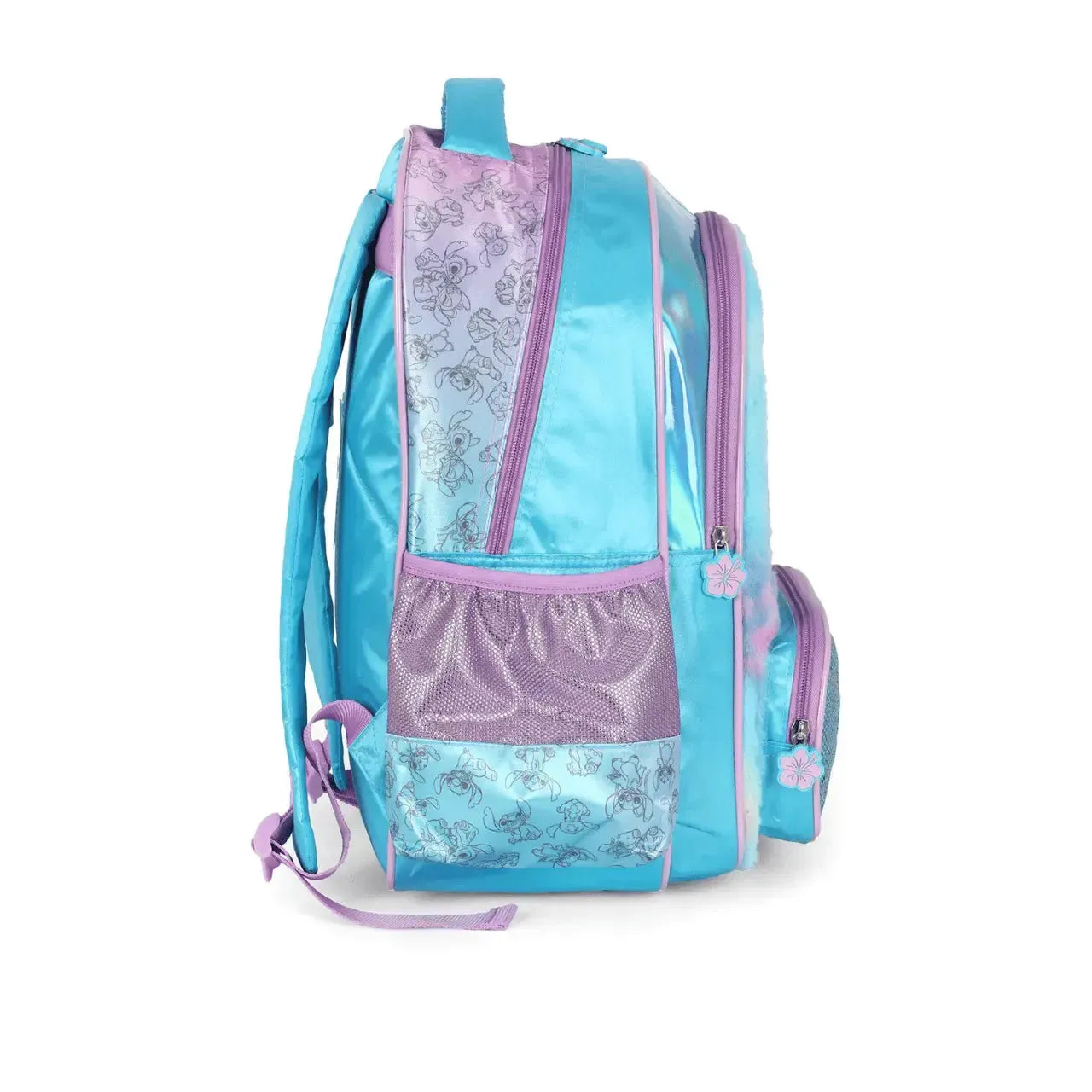 Mochila de Costas Stitch de Pelúcia Azul e Lilás com Bolso Frontal