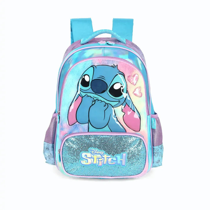 Mochila de Costas Stitch de Pelúcia Azul e Lilás com Bolso Frontal