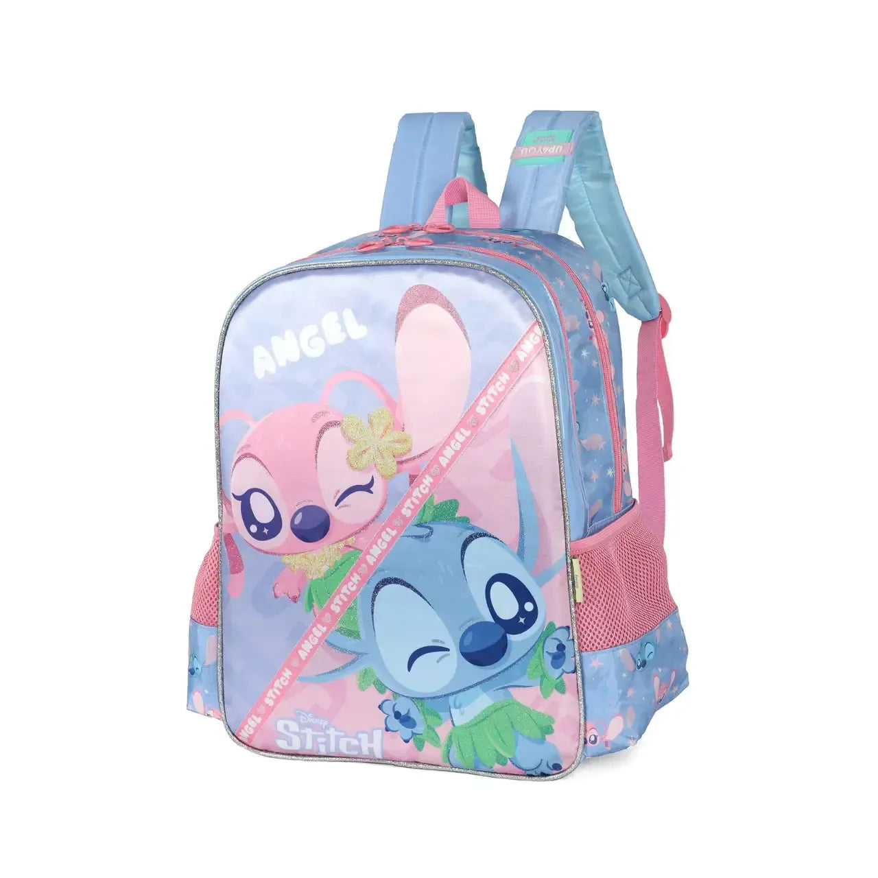 Mochila de Costas Stitch e Angel Azul e Rosa com 2 Ziper e Bolsos para Garrafa