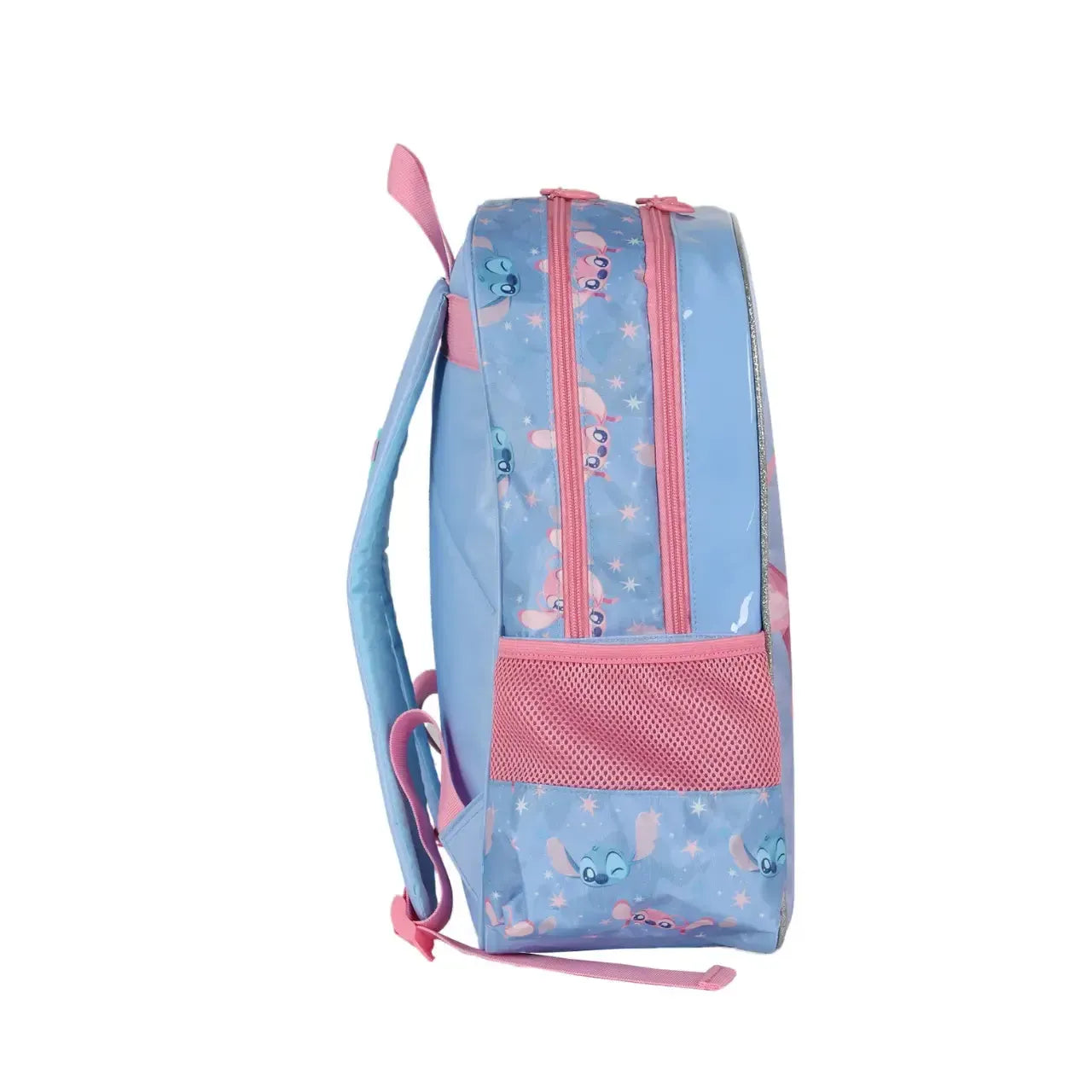 Mochila de Costas Stitch e Angel Azul e Rosa com 2 Ziper e Bolsos para Garrafa