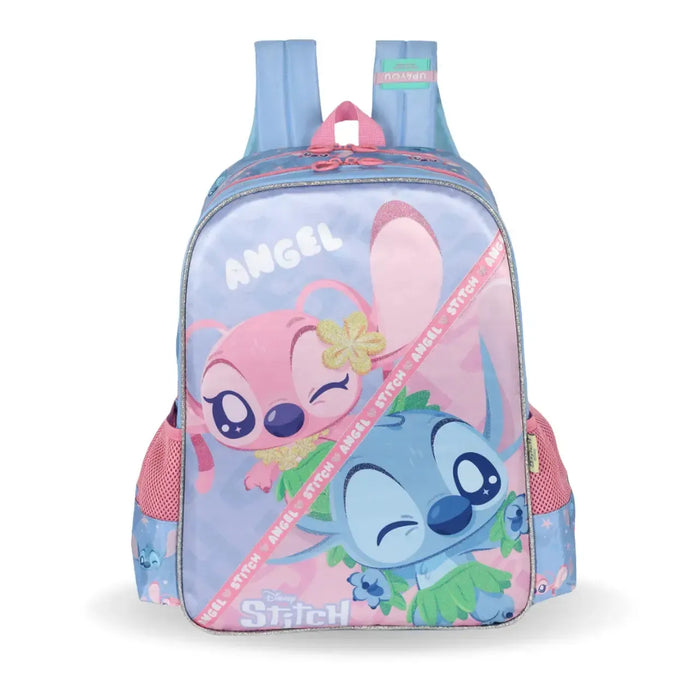 Mochila de Costas Stitch e Angel Azul e Rosa com 2 Ziper e Bolsos para Garrafa