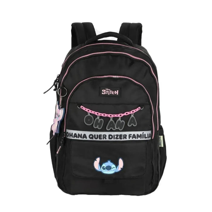 Mochila de Cotas Stitch Preta e Pink com Bolso Frontal e Alça Reforçada