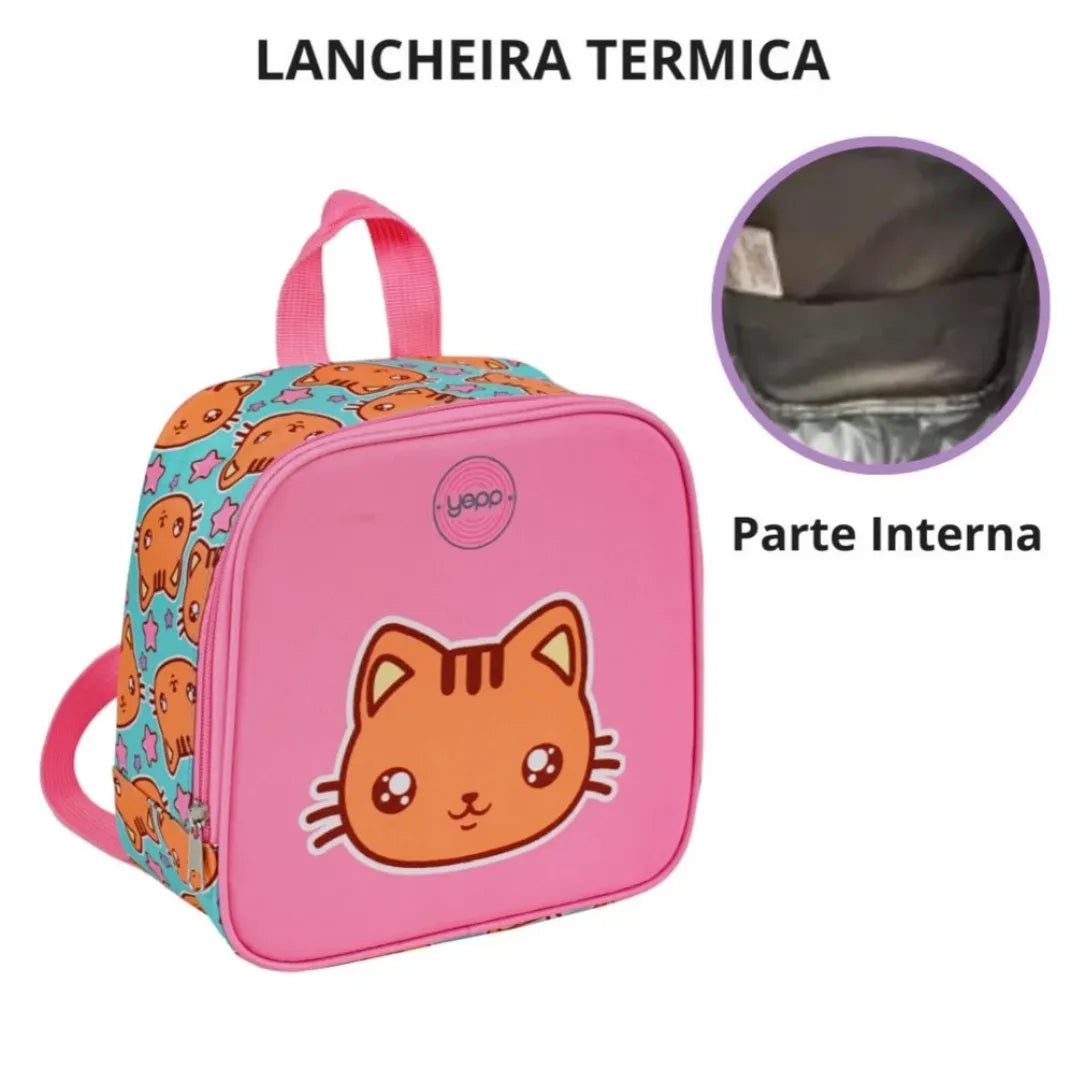 Kit Mochila de Rodinhas Infantil Gatinho Rosa com Lancheira e Estojo