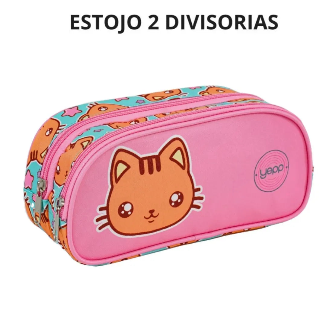 Kit Mochila de Rodinhas Infantil Gatinho Rosa com Lancheira e Estojo